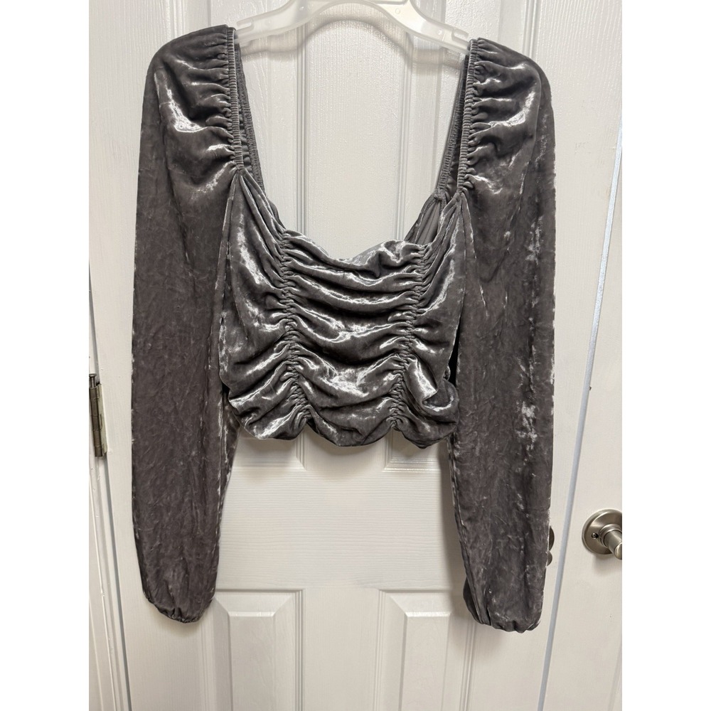 Silver Gray‎ Crushed Velvet Ruched Crop Top Long Sleeve Cowl Neck H&M Divided L